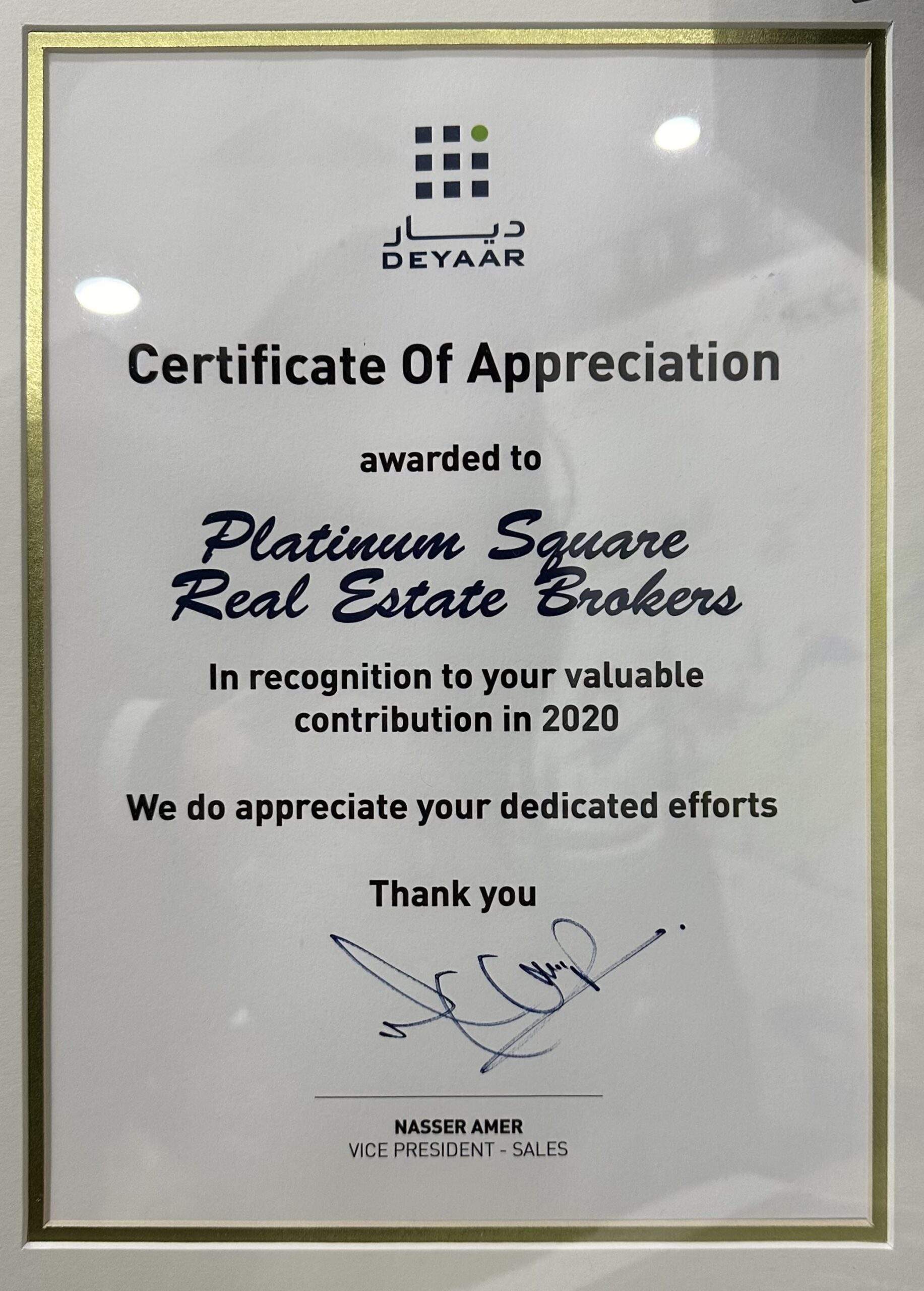 Deyaar Development — Certificate of appreciation 2020