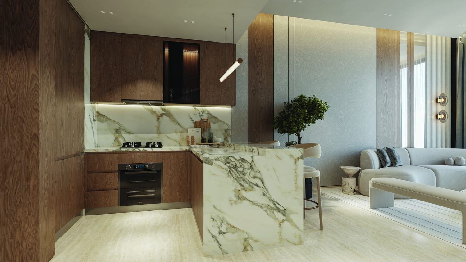Kitchen in marble and warm timber