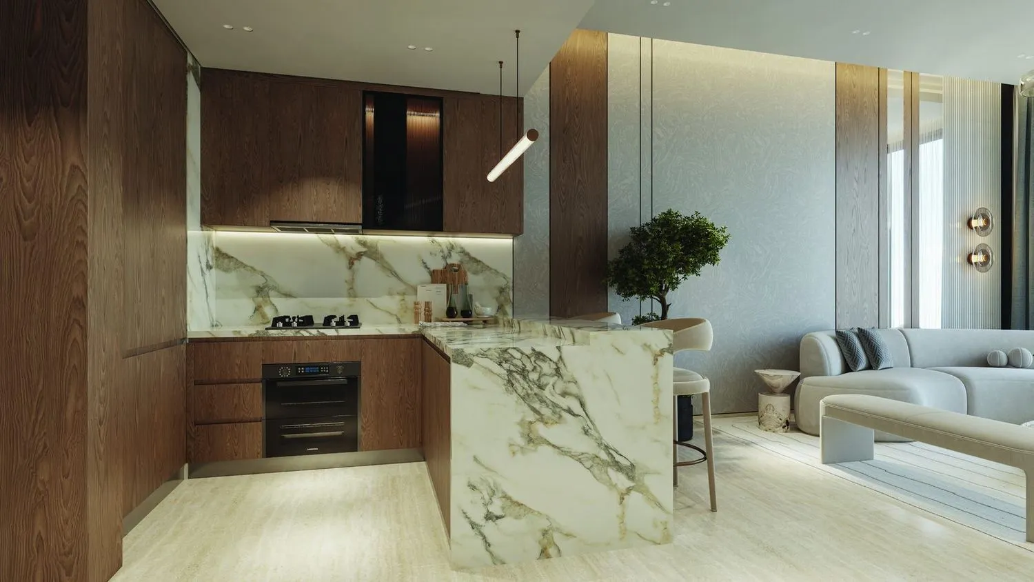 Kitchen in marble and warm timber