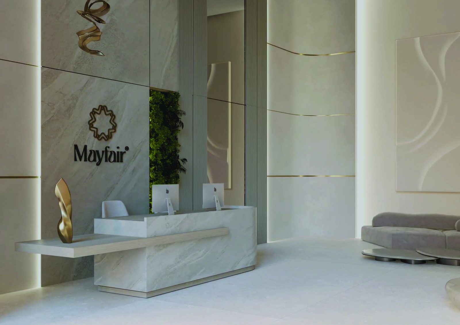 Reception in travertine and brass