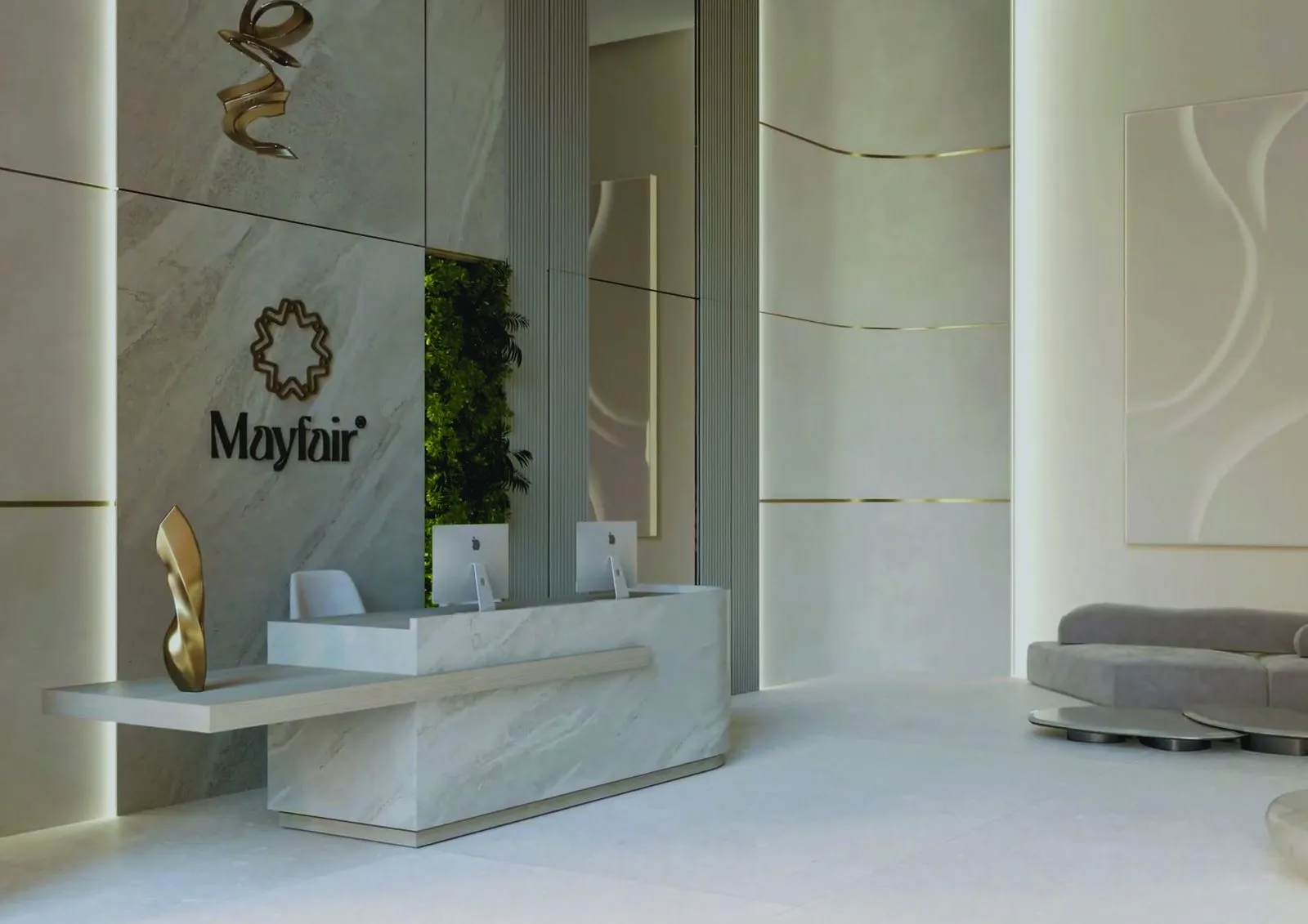 Reception in travertine and brass